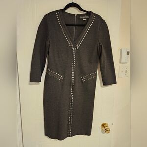 Karl Lagerfeld Paris womans Charcoal Grey Stud Dress size 8 NWT V neck Medium